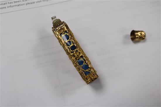 An early 20th century continental gold overlaid enamelled glass scent bottle, 75mm.